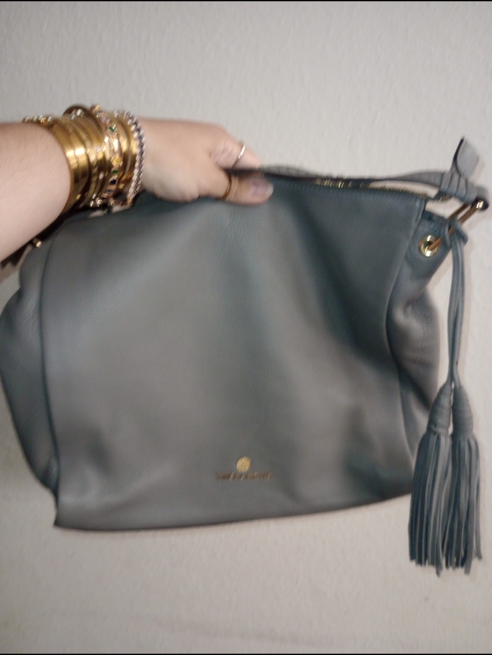 Vince Camuto Slate Grey Leather Shoulder Bag with Tassel